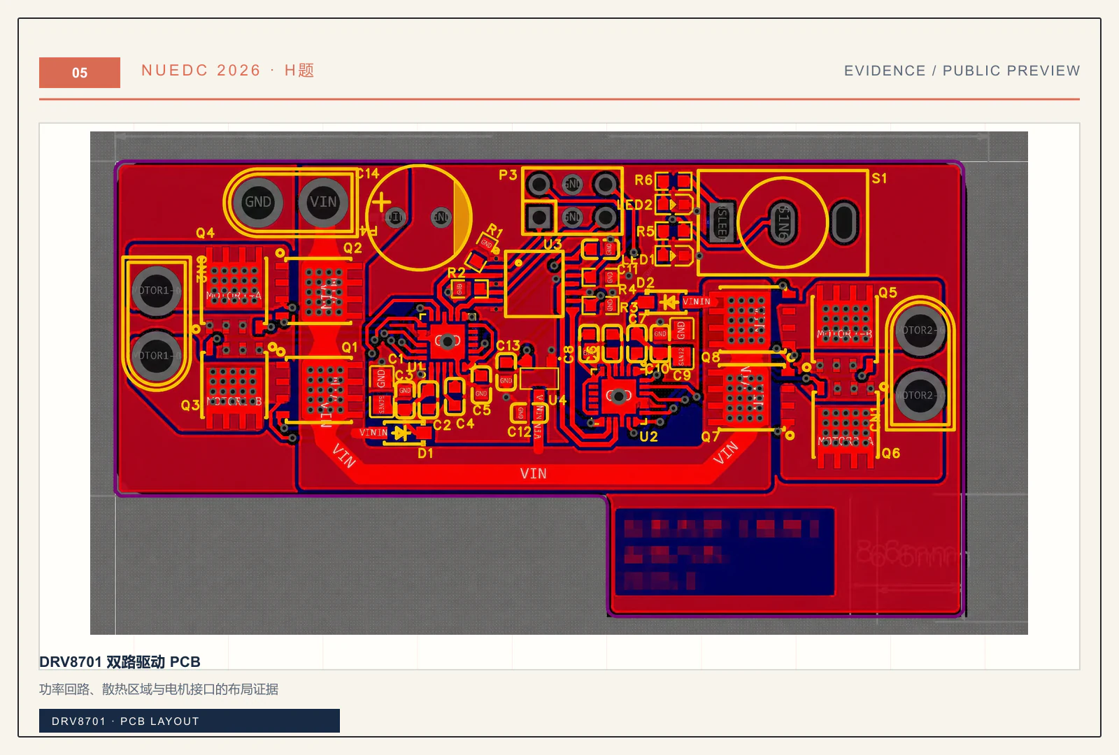 DRV8701 双路驱动 PCB:功率回路、散热区域与电机接口布局证据。
