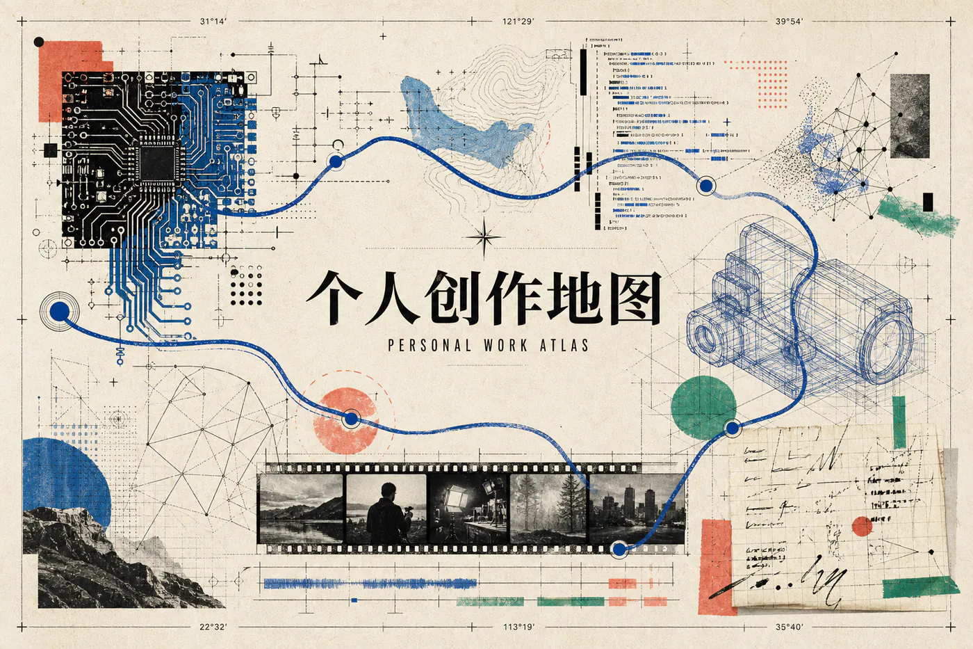 由电路板、3D 线框、影像胶片、代码节点与创作路径组成的个人作品集网站首页图