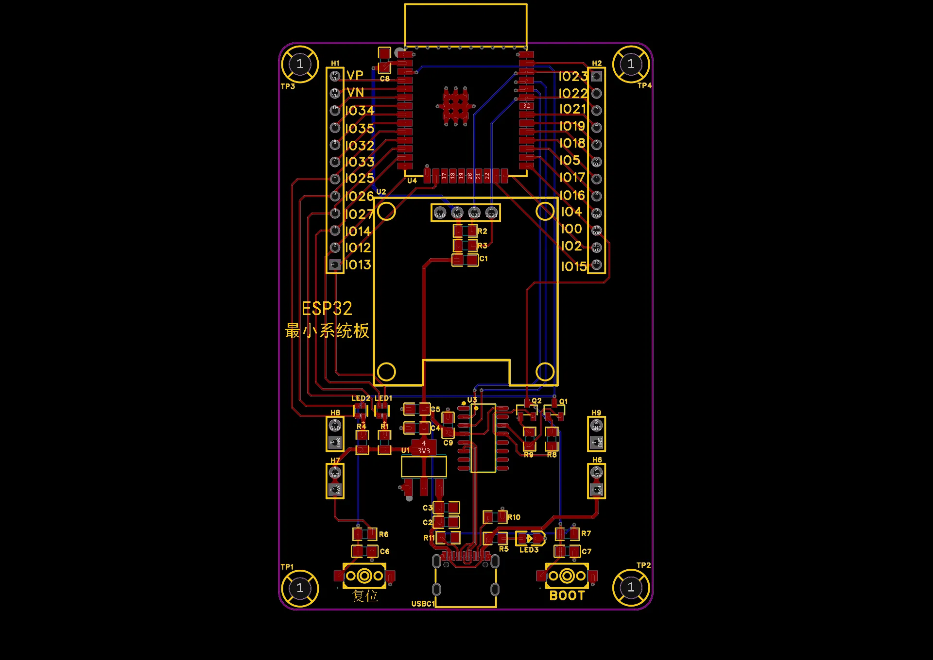 ESP32 最小系统板 PCB 公开预览。